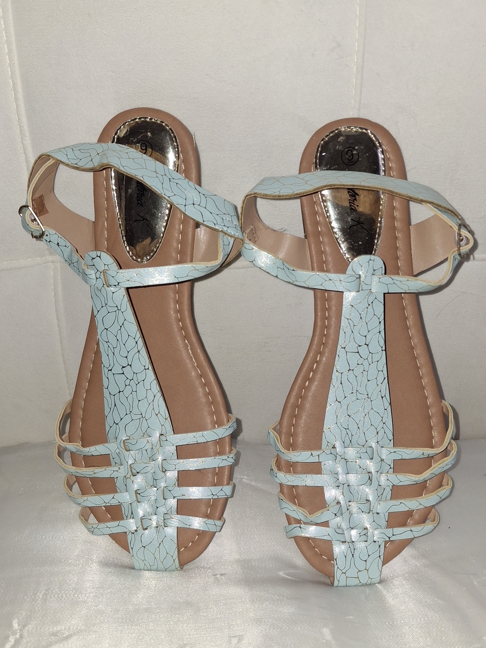 Victoria K Women's Gladiator Flat Sandals Blue Ankle Strap Size 9 NWOT Has Flaws